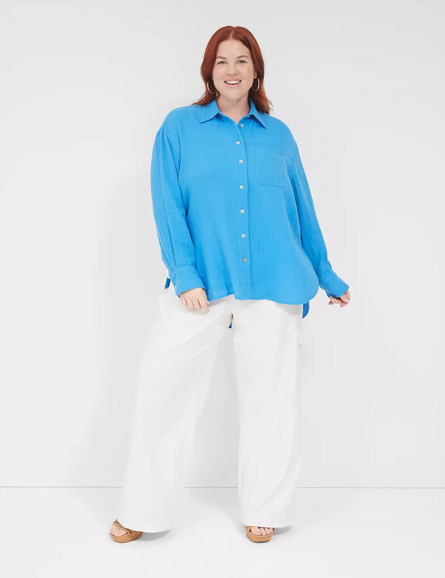 Blue Lane Bryant Gauze Button-Down Beach Top Women Shirts | UDF112MB