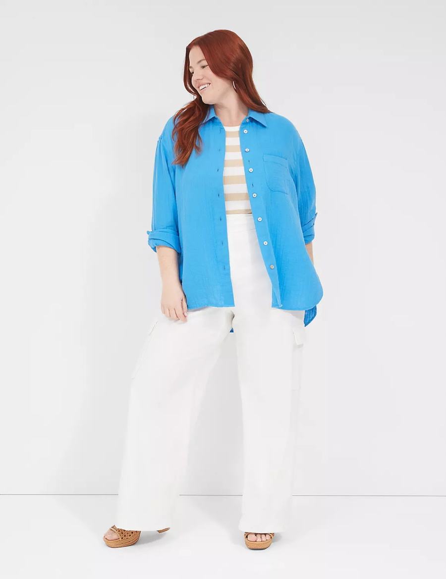 Blue Lane Bryant Gauze Button-Down Beach Top Women Shirts | UDF112MB