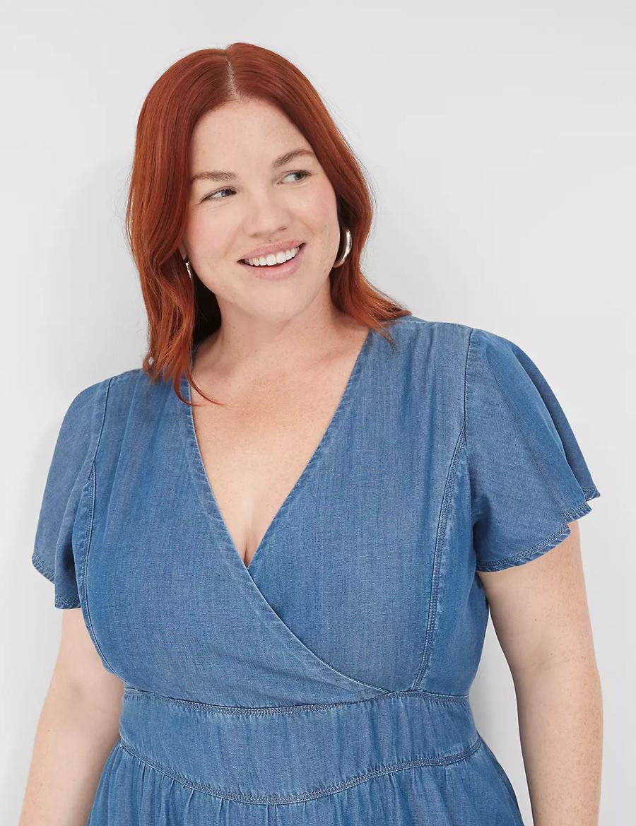 Blue Lane Bryant Lena Denim Surplice-Neck Level-Hem Women Casual Dress | RZN431BG