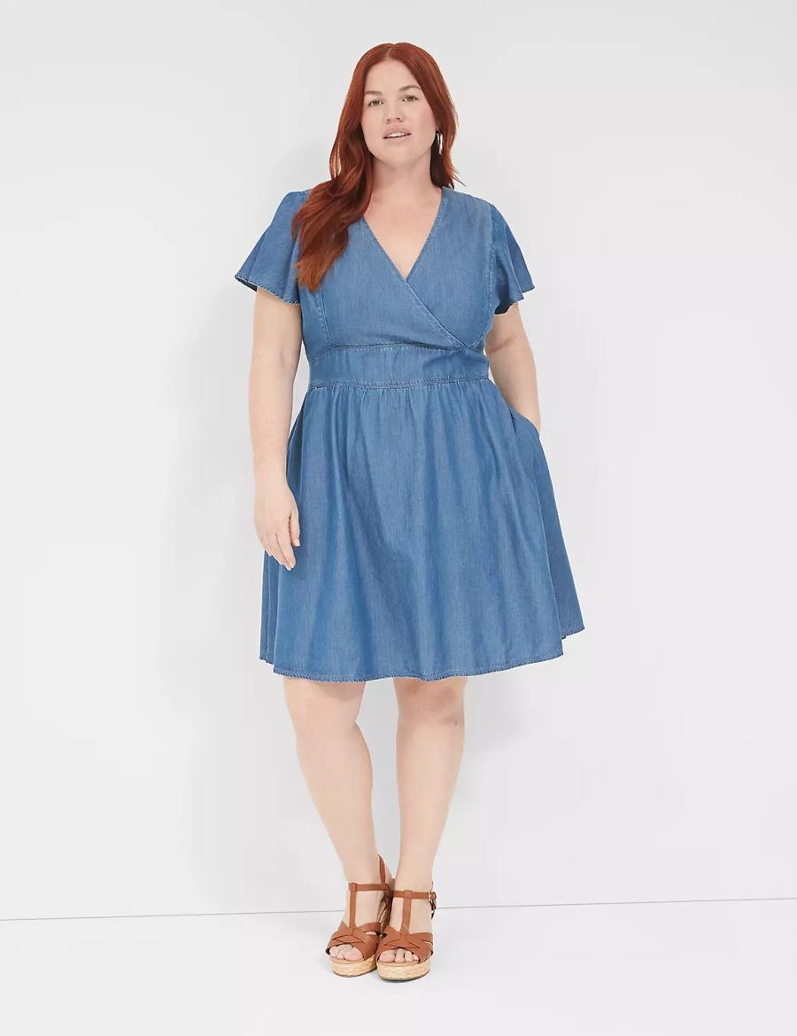 Blue Lane Bryant Lena Denim Surplice-Neck Level-Hem Women Casual Dress | RZN431BG