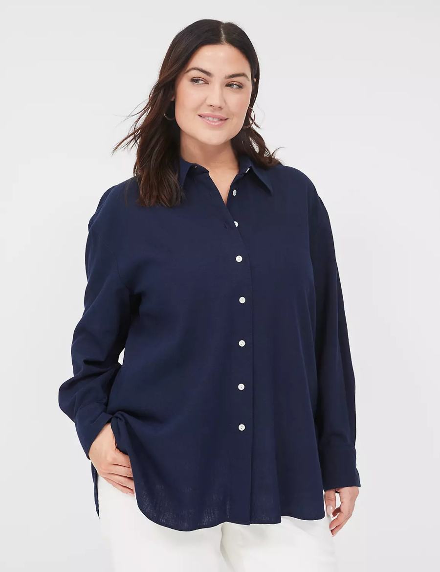 Blue Lane Bryant Relaxed Linen Button-Down Women Shirts | XUK1280JB