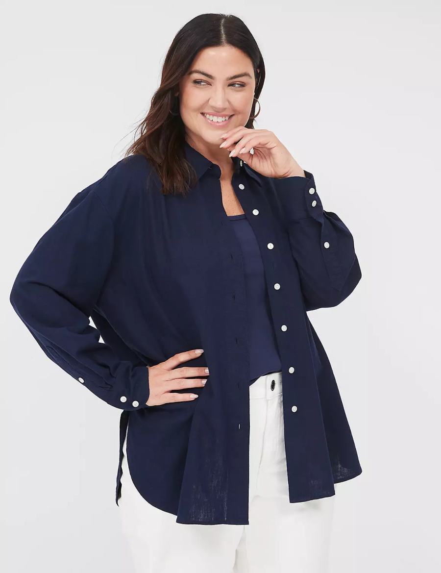 Blue Lane Bryant Relaxed Linen Button-Down Women Shirts | XUK1280JB