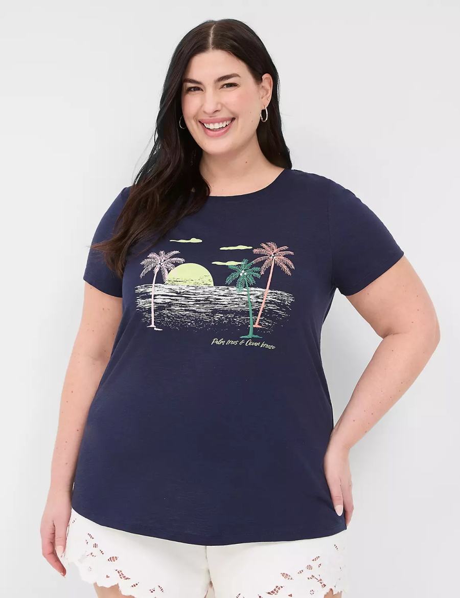 Blue Lane Bryant Rhinestone Palm Trees & Ocean Breeze Graphic Tee Women T Shirts | FTO5340NN