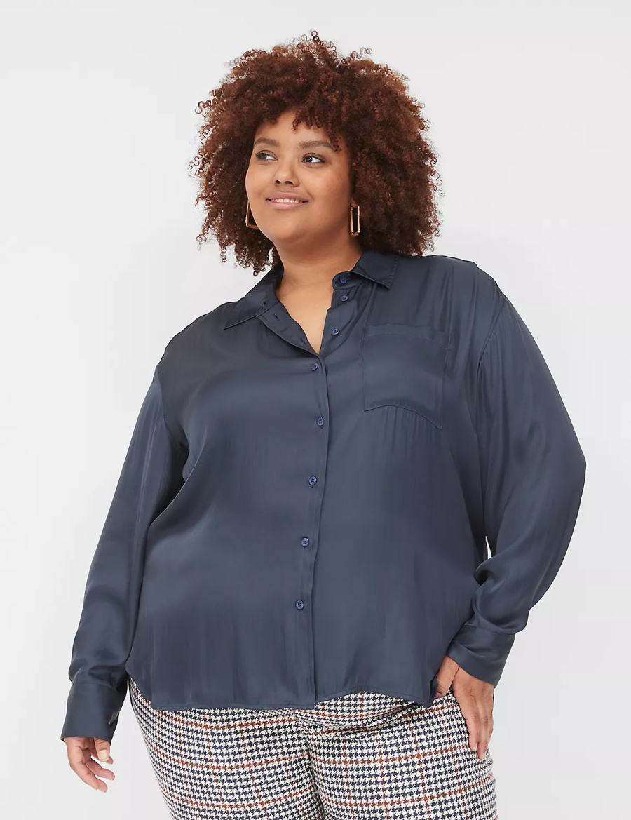 Blue Lane Bryant Satin Button-Down Boyfriend Women Shirts | YRV9299XR