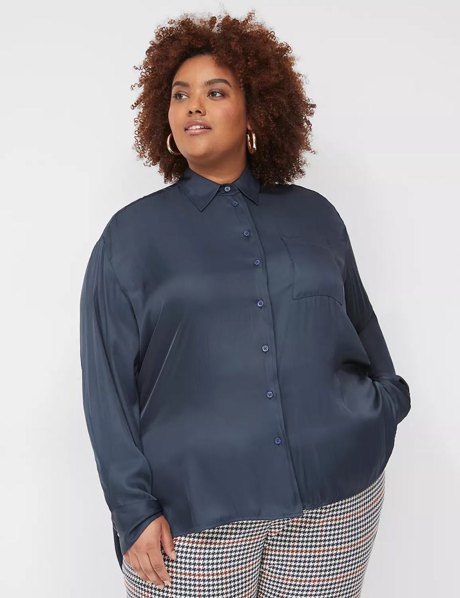 Blue Lane Bryant Satin Button-Down Boyfriend Women Shirts | YRV9299XR