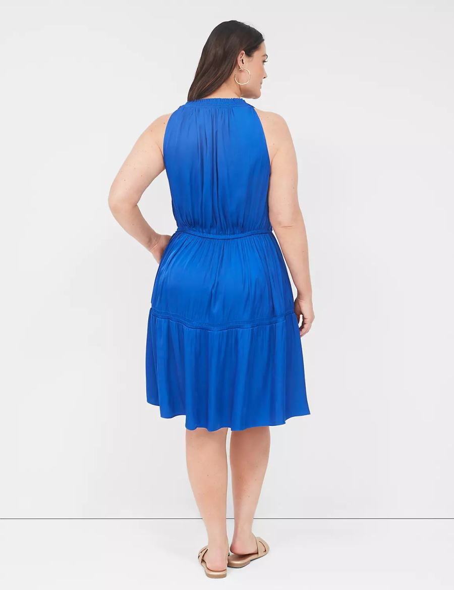 Blue Lane Bryant Satin Smocked-Neck Tie-Waist Women Casual Dress | KFF2975PJ