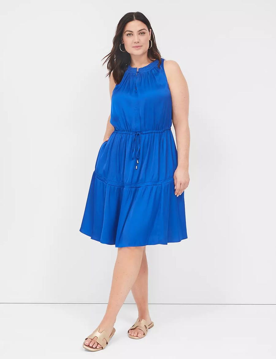 Blue Lane Bryant Satin Smocked-Neck Tie-Waist Women Casual Dress | KFF2975PJ