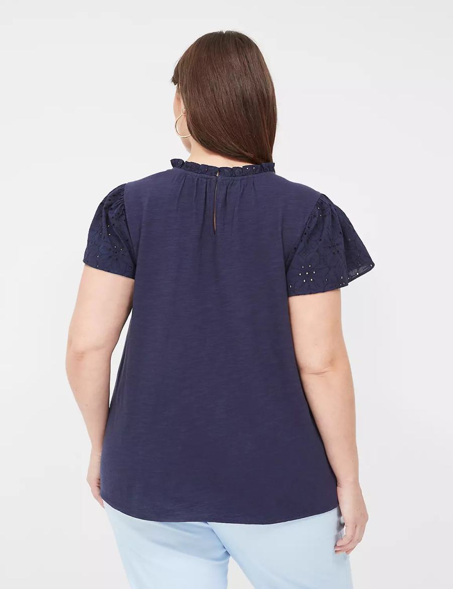 Blue Lane Bryant Subtle Swing Cap Ruffle-Sleeve Eyelet & Knit Top Women T Shirts | ZTT4349UU