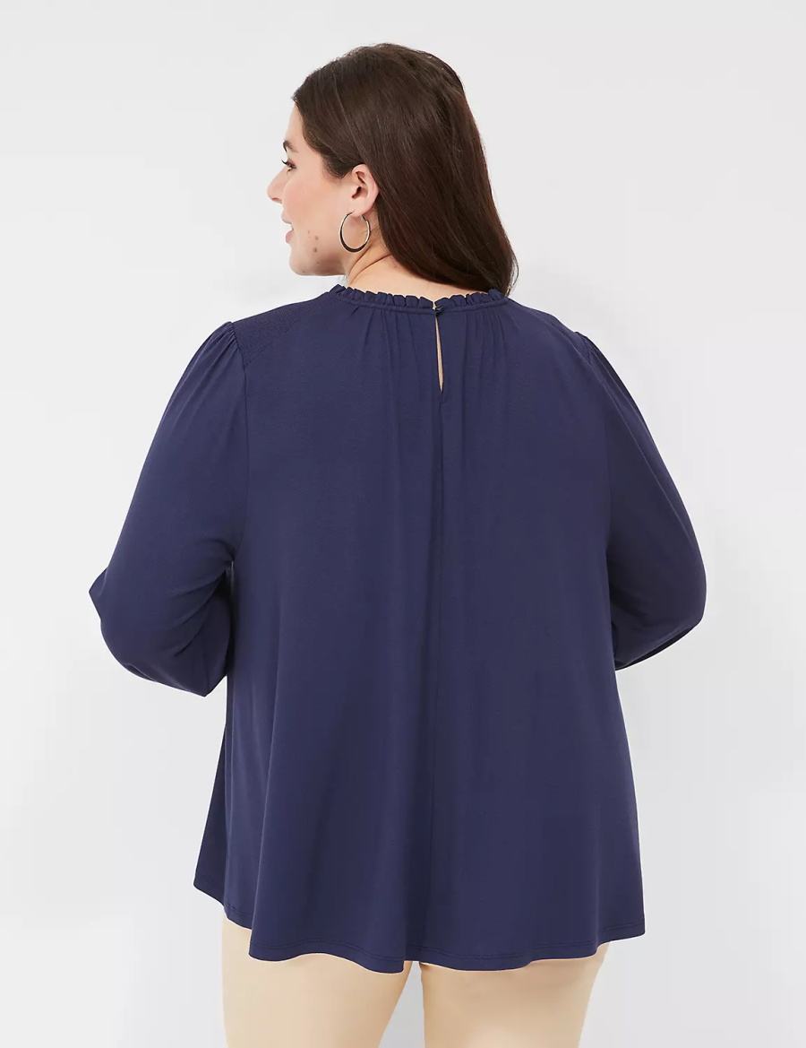 Blue Lane Bryant Swing Crew-Neck Smocked-Shoulder Top Women Blouse | ZLK785WF