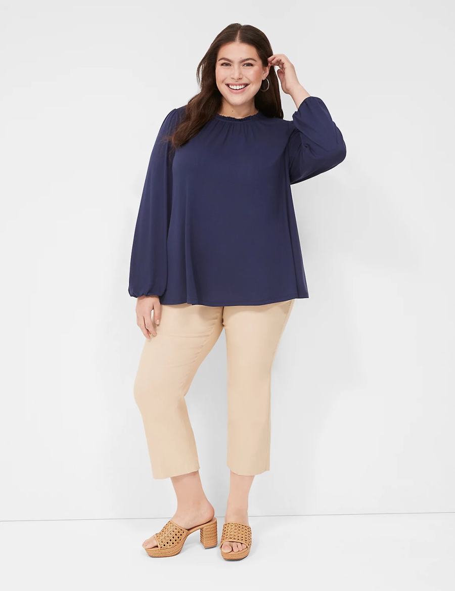 Blue Lane Bryant Swing Crew-Neck Smocked-Shoulder Top Women Blouse | ZLK785WF