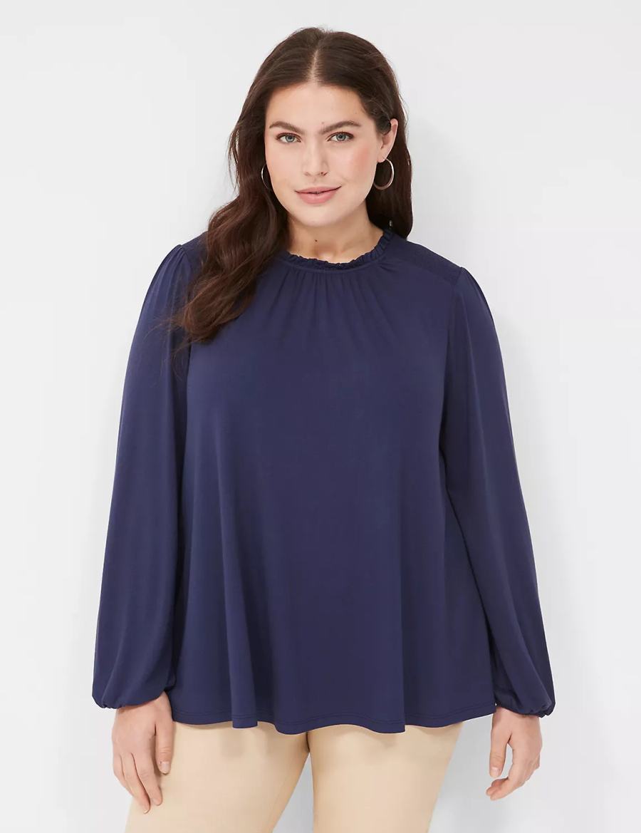 Blue Lane Bryant Swing Crew-Neck Smocked-Shoulder Top Women Blouse | ZLK785WF