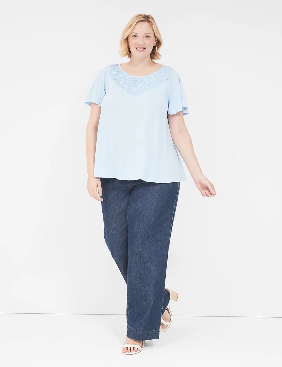 Blue Lane Bryant Swing Flutter-Sleeve Smocked-Yoke Top Women T Shirts | JYT4214ZM