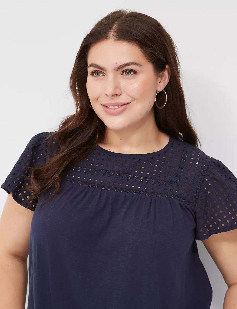 Blue Lane Bryant Swing Flutter Sleeve Eyelet & Knit Tee Women T Shirts | OSN6783EI