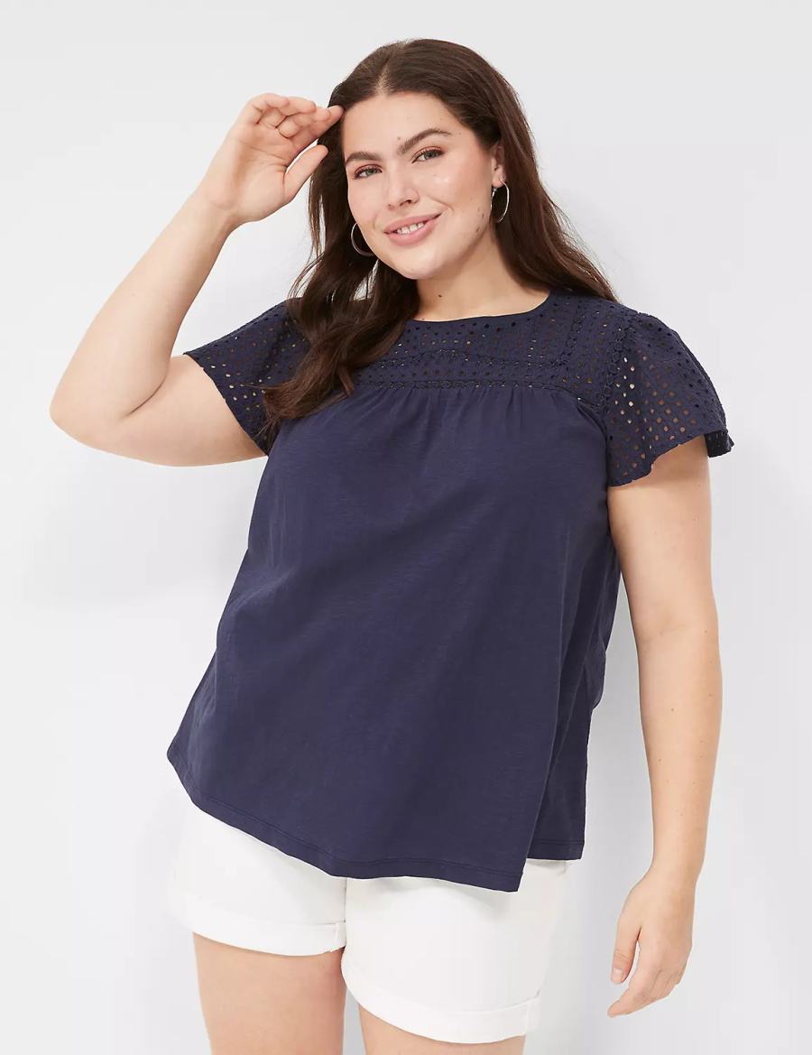 Blue Lane Bryant Swing Flutter Sleeve Eyelet & Knit Tee Women T Shirts | OSN6783EI