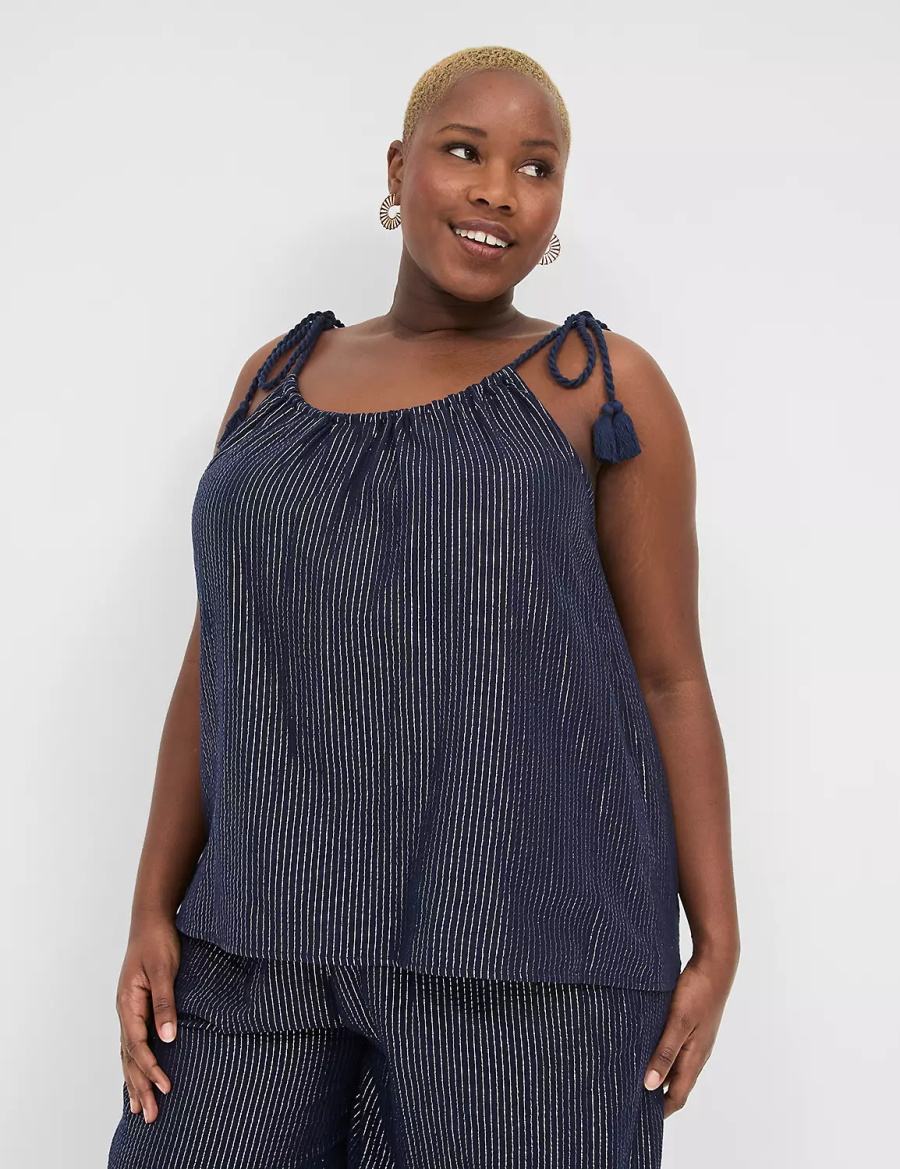 Blue Lane Bryant Swing Lurex Gauze Tie-Strap Scoop-Neck Women Tank Top | ZOX8522NG