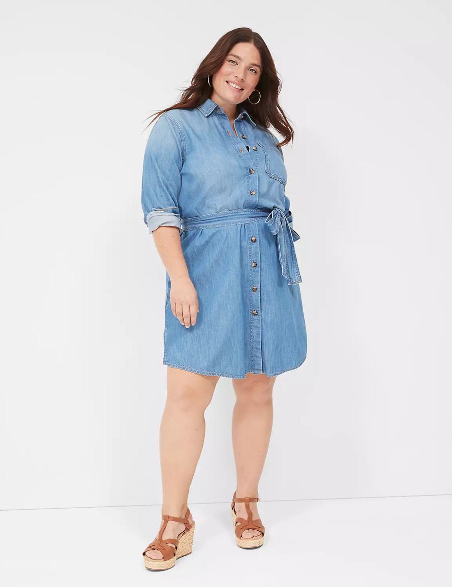 Blue Lane Bryant Tie-Waist Denim Women Shirt Dress | TWZ8443HZ