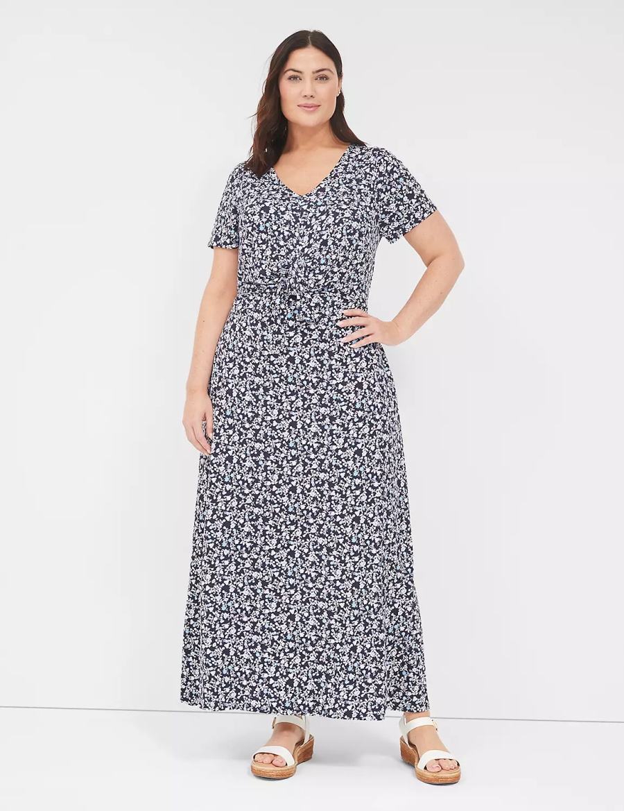 Blue Purple Lane Bryant V-Neck Waist-Knot Jersey Women Maxi Dress | BDL2186IG