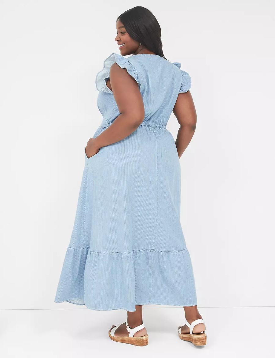 Blue Stripes Lane Bryant Flutter-Sleeve Button-Front Denim Women Maxi Dress | XWR222YK