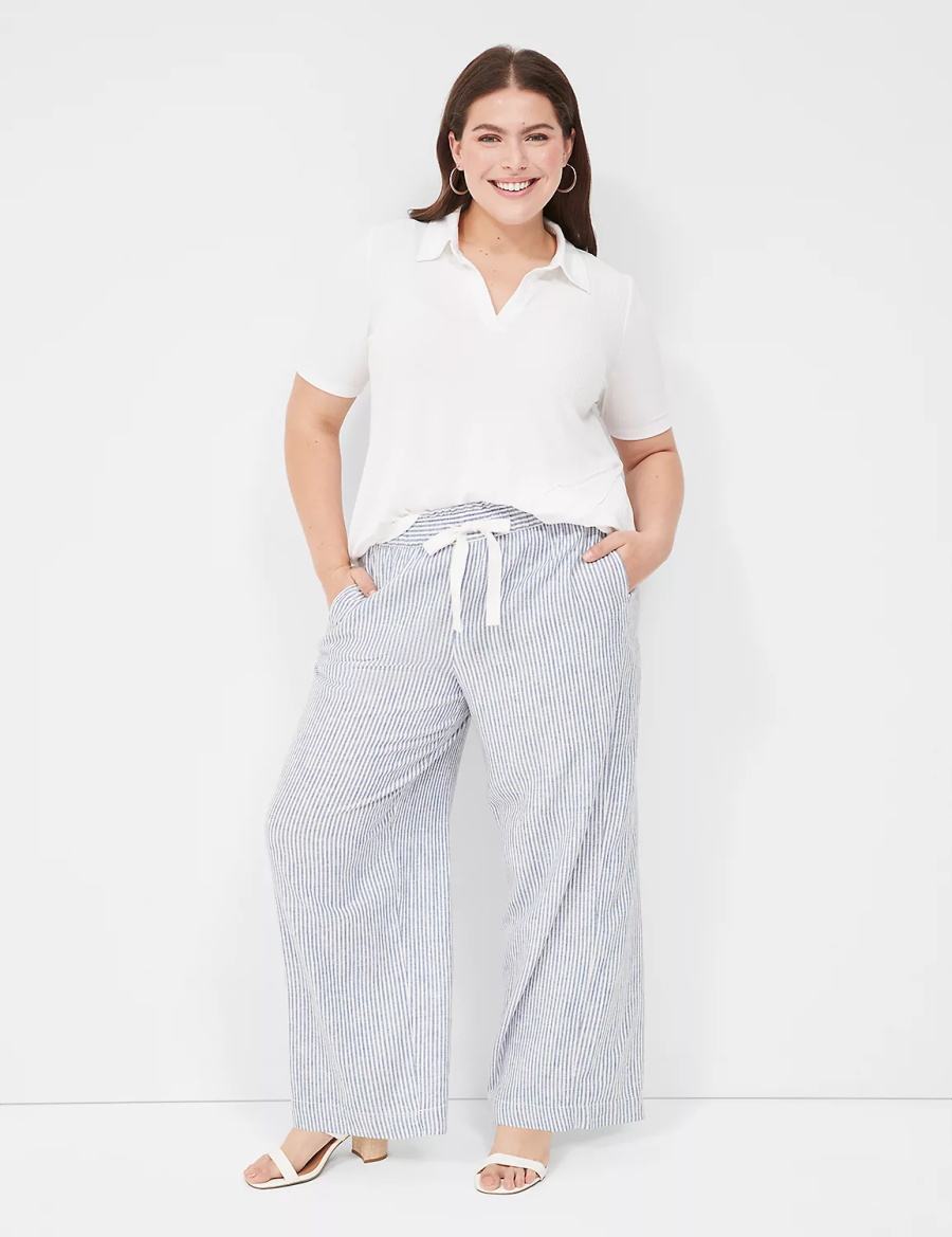 Blue Stripes Lane Bryant Linen Stripe Wide Leg Women Pants | RWE7446TE