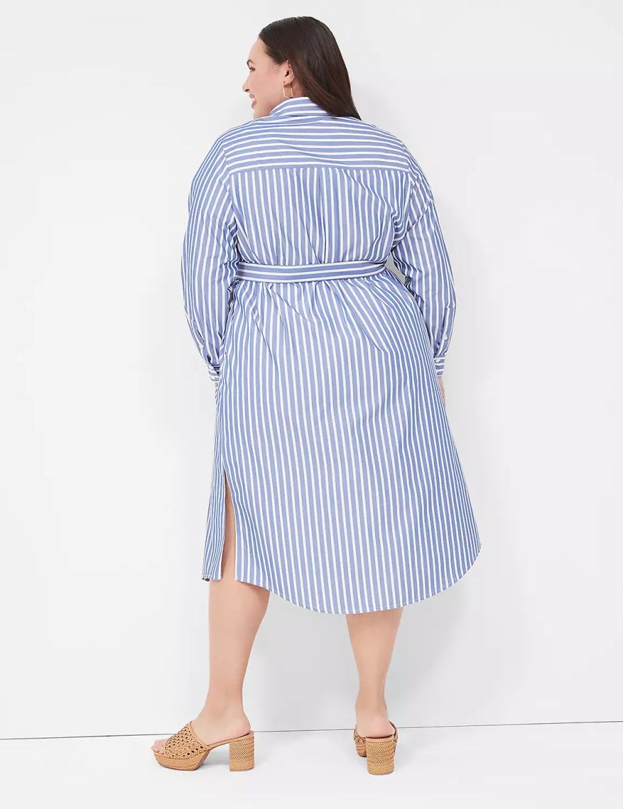 Blue Stripes Lane Bryant Long-Sleeveed Midi Women Shirt Dress | DJQ8389RD