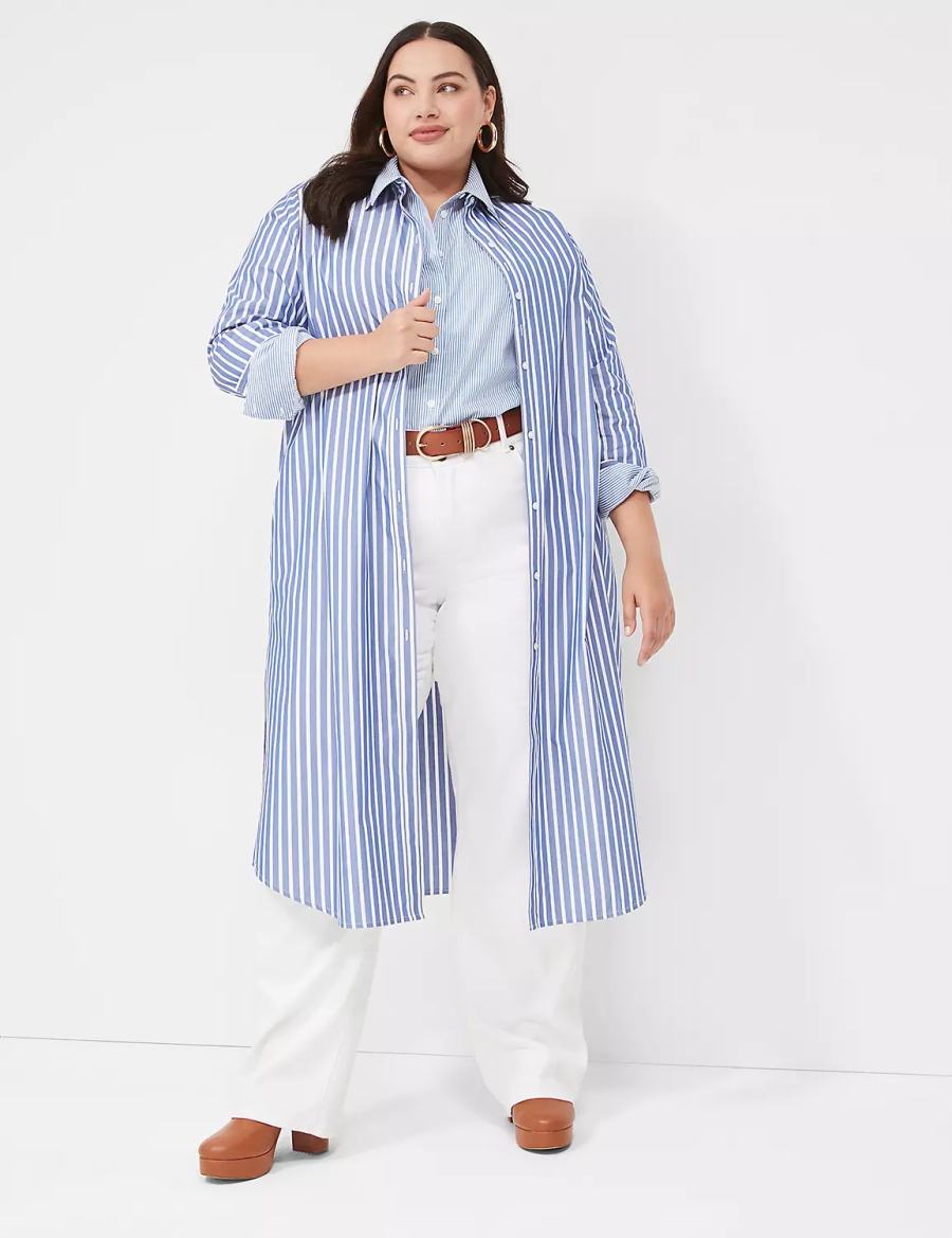 Blue Stripes Lane Bryant Long-Sleeveed Midi Women Shirt Dress | DJQ8389RD