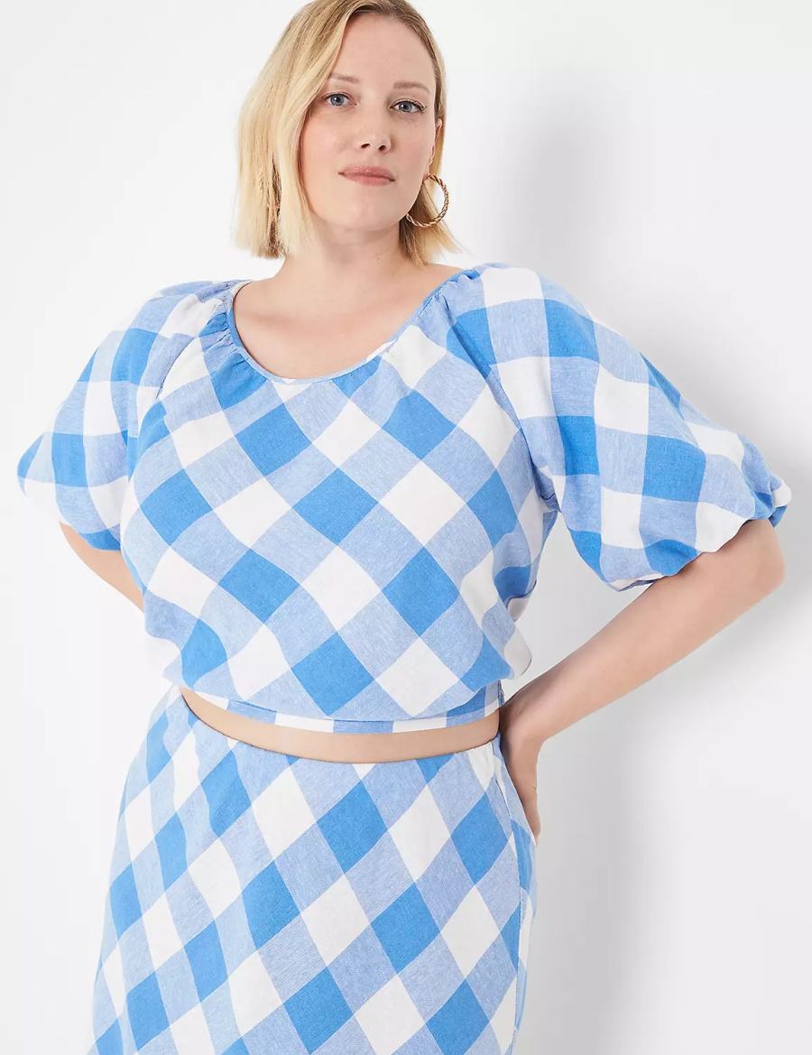 Blue White Lane Bryant Crop Balloon-Sleeve Top Women T Shirts | ZJP5480WW