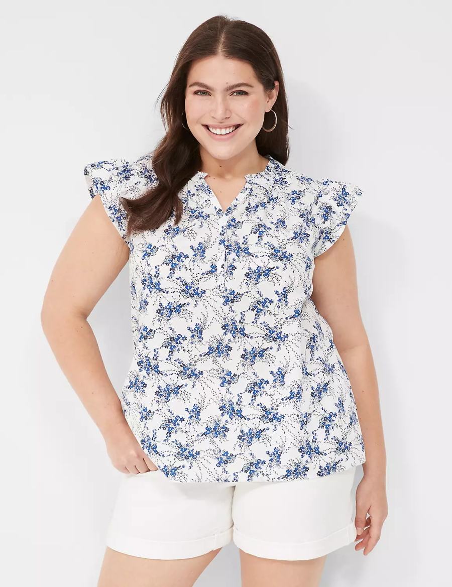 Blue White Lane Bryant Woven & Knit Cap Flutter-Sleeve Top Women Blouse | DVD5983IH