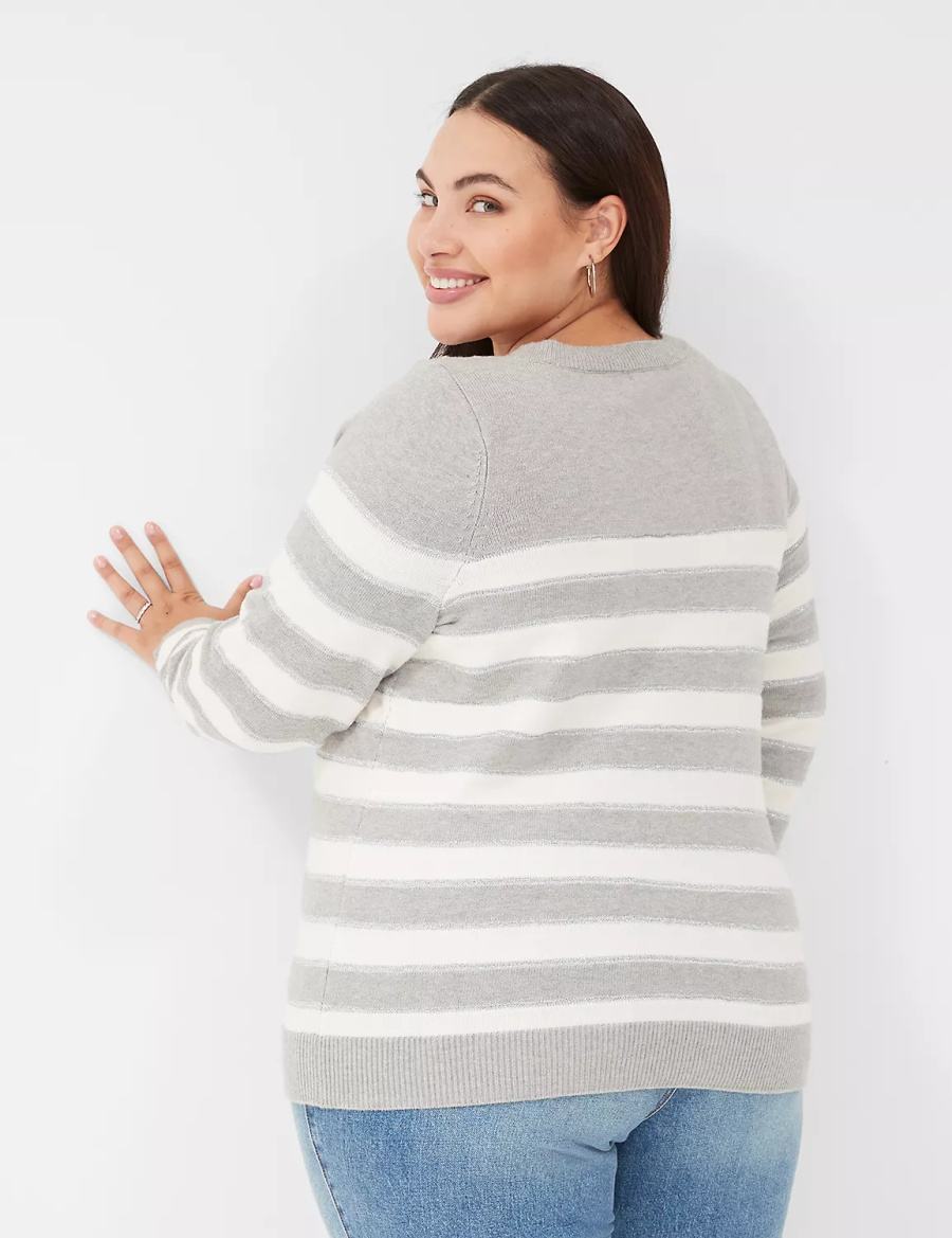 Brown Lane Bryant Crew-Neck Button-Shoulder Striped Women Sweaters | ZXZ2114ZG