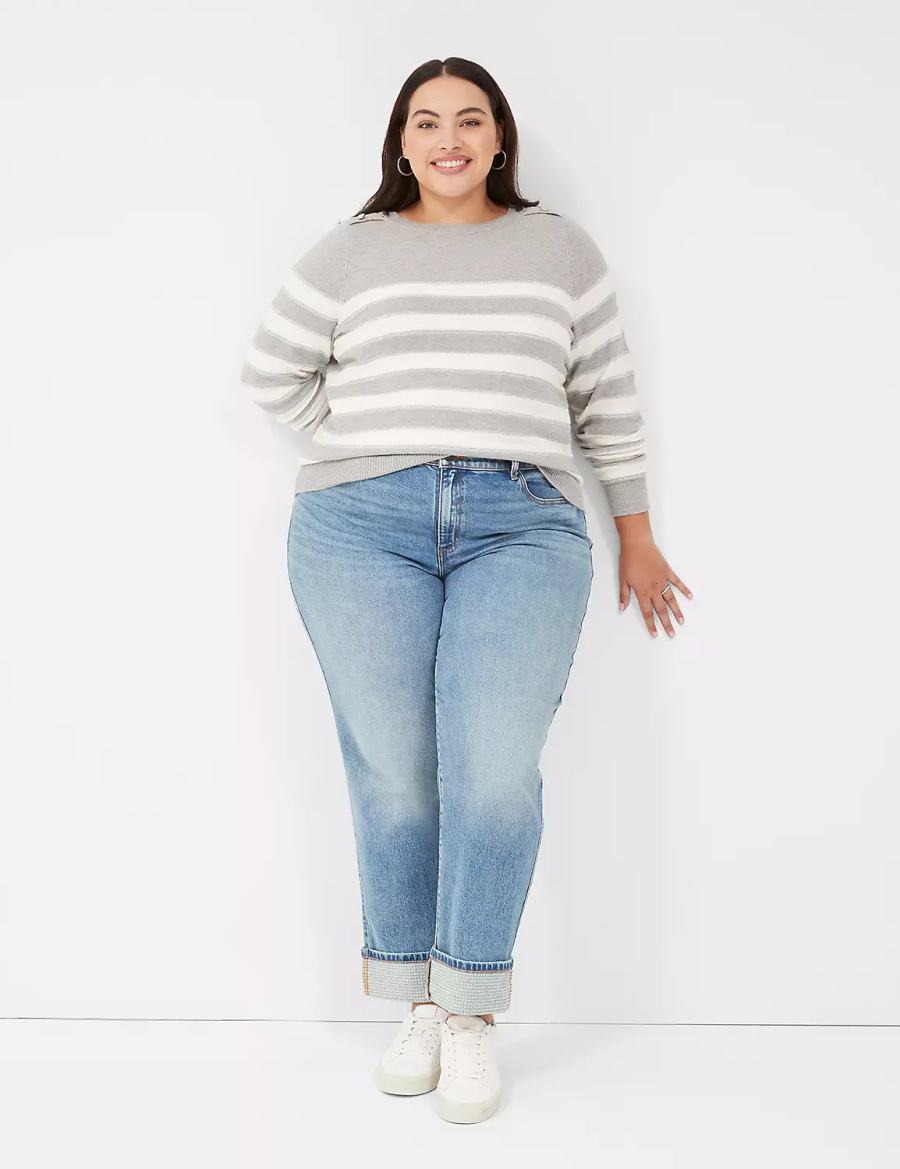 Brown Lane Bryant Crew-Neck Button-Shoulder Striped Women Sweaters | ZXZ2114ZG