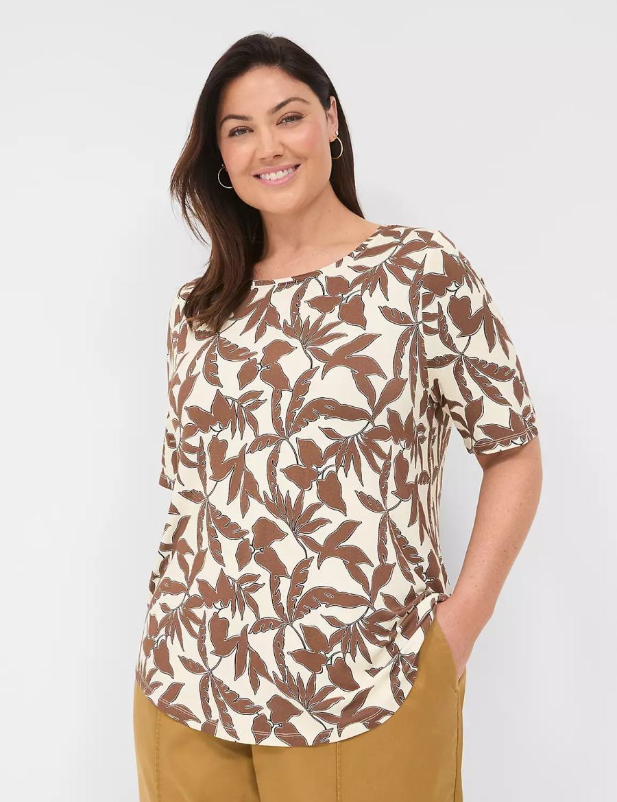 Brown Lane Bryant Curved-Hem Perfect Sleeve Tee Women T Shirts | ZIC1058MR