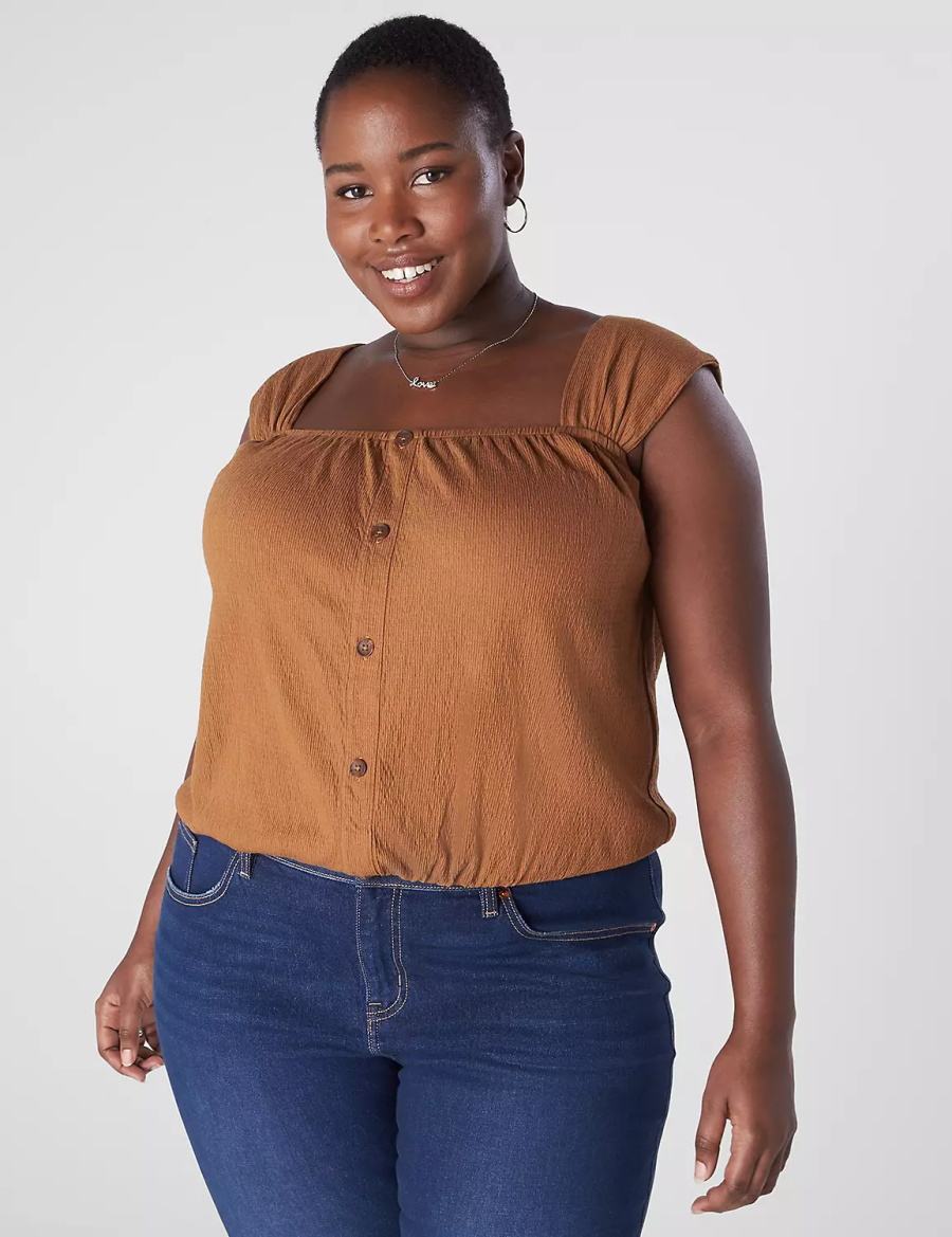 Brown Lane Bryant Relaxed Crop Cap-Sleeve Square-Neck Top Women T Shirts | WFW7334AX