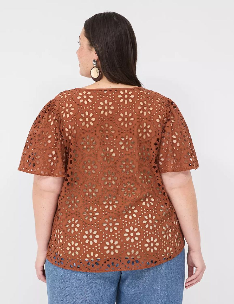 Brown Lane Bryant Sheer Flutter-Sleeve Eyelet Top Women T Shirts | XLH129TG