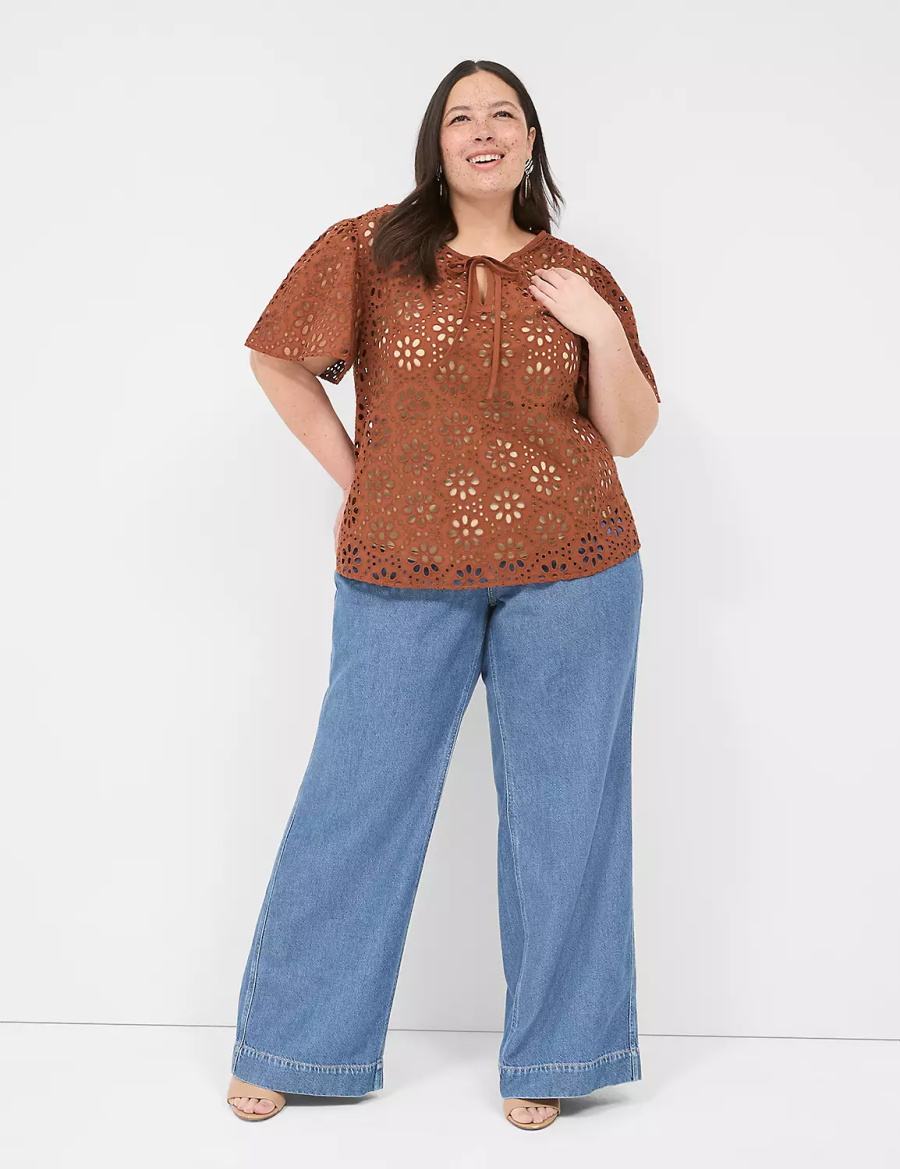 Brown Lane Bryant Sheer Flutter-Sleeve Eyelet Top Women T Shirts | XLH129TG