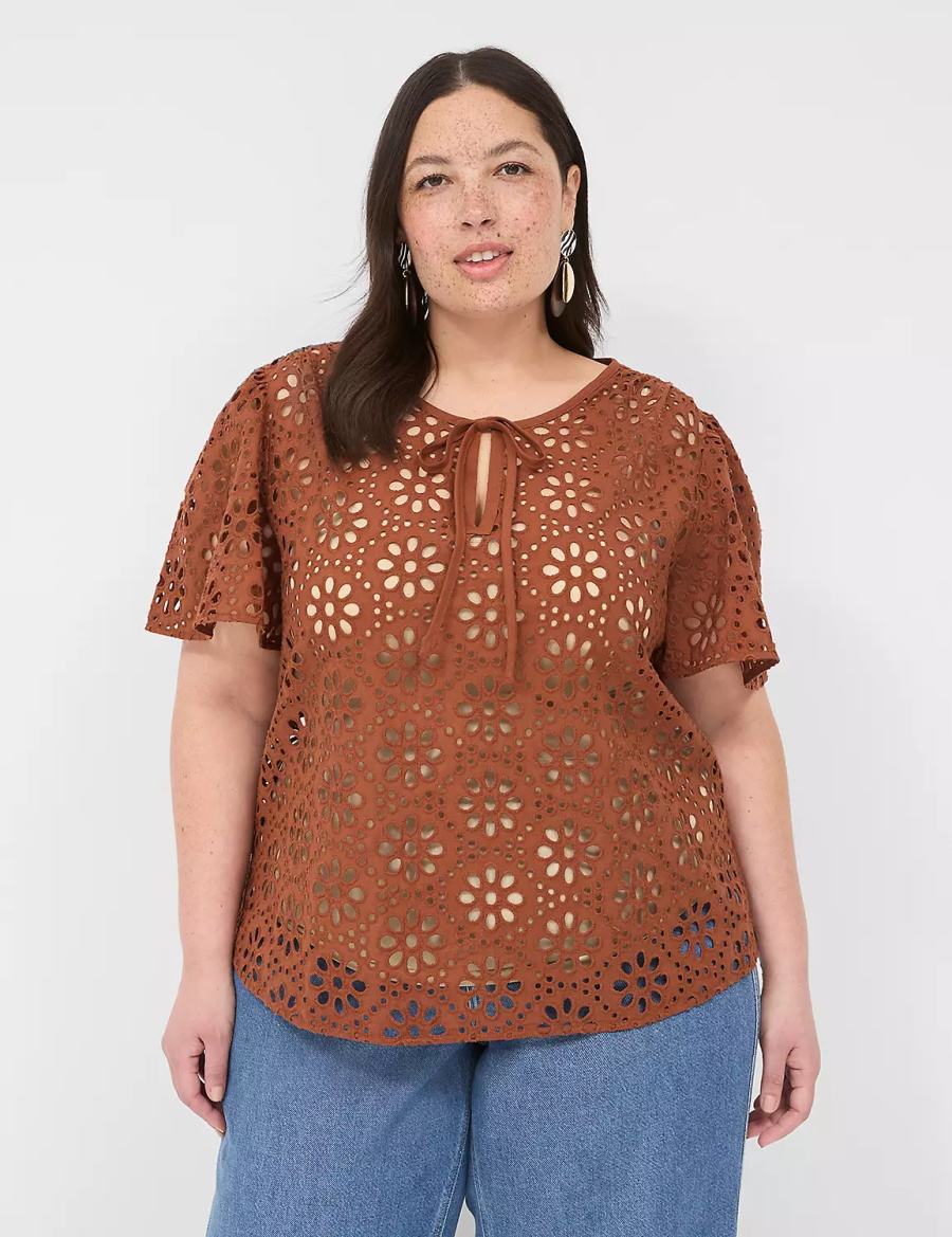 Brown Lane Bryant Sheer Flutter-Sleeve Eyelet Top Women T Shirts | XLH129TG