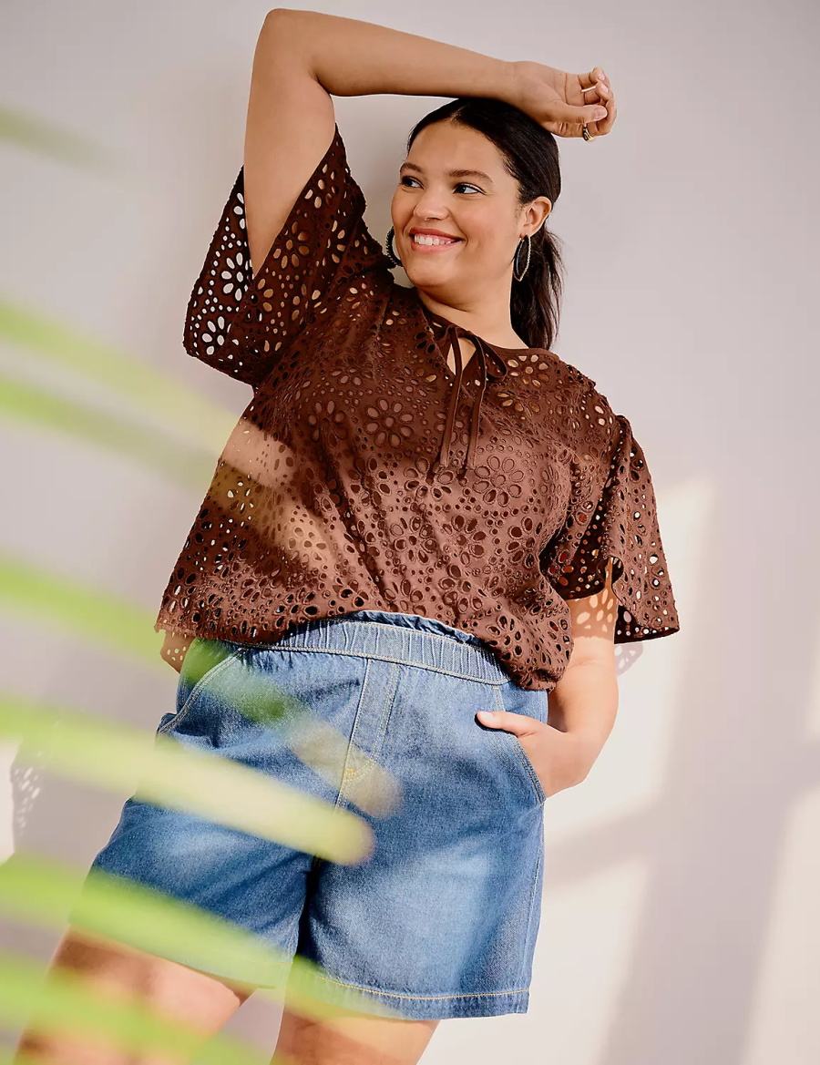 Brown Lane Bryant Sheer Flutter-Sleeve Eyelet Top Women T Shirts | XLH129TG