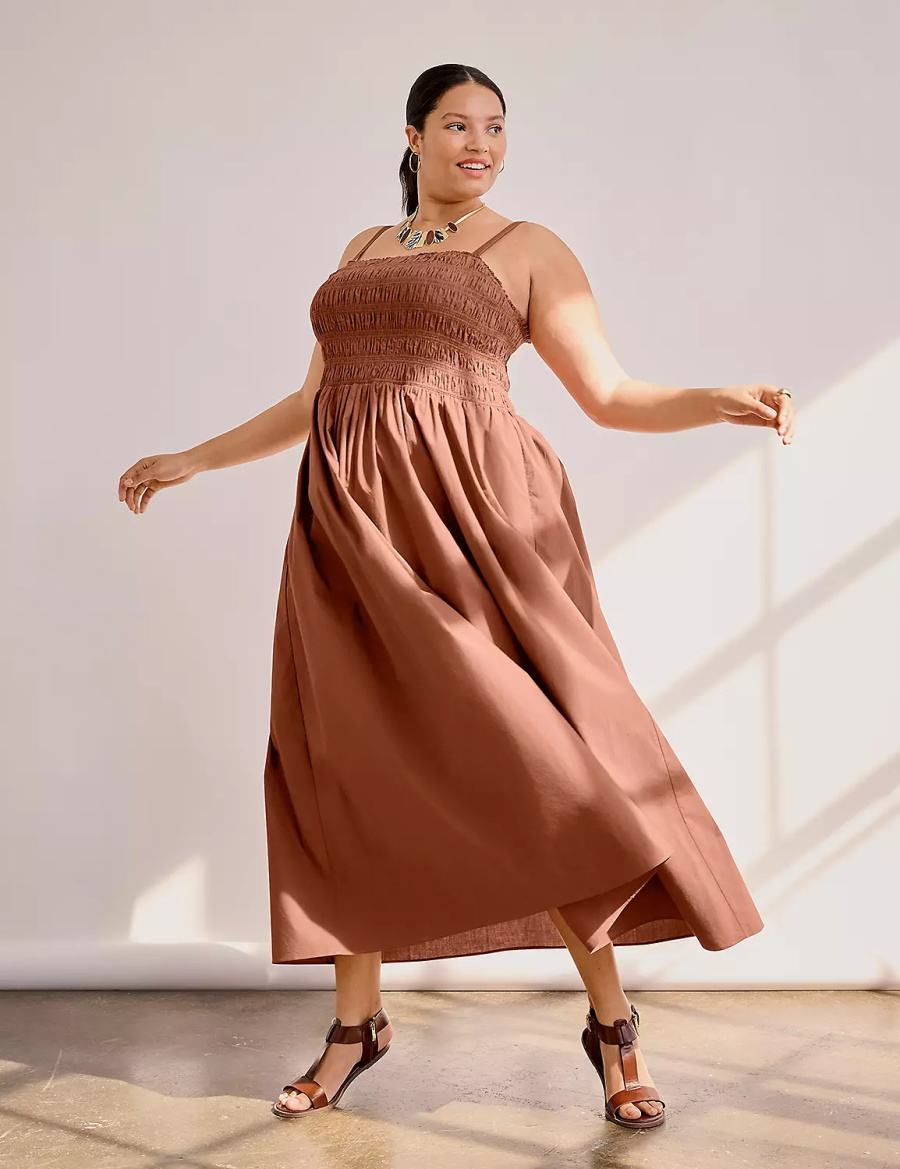 Brown Lane Bryant Shirred-Bodice Square-Neck Women Maxi Dress | QII9934OV