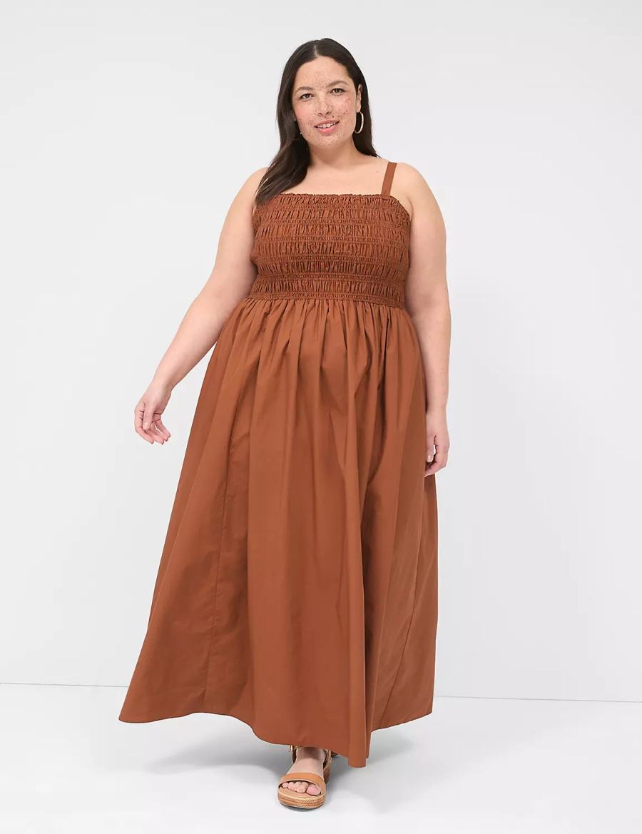 Brown Lane Bryant Shirred-Bodice Square-Neck Women Maxi Dress | QII9934OV