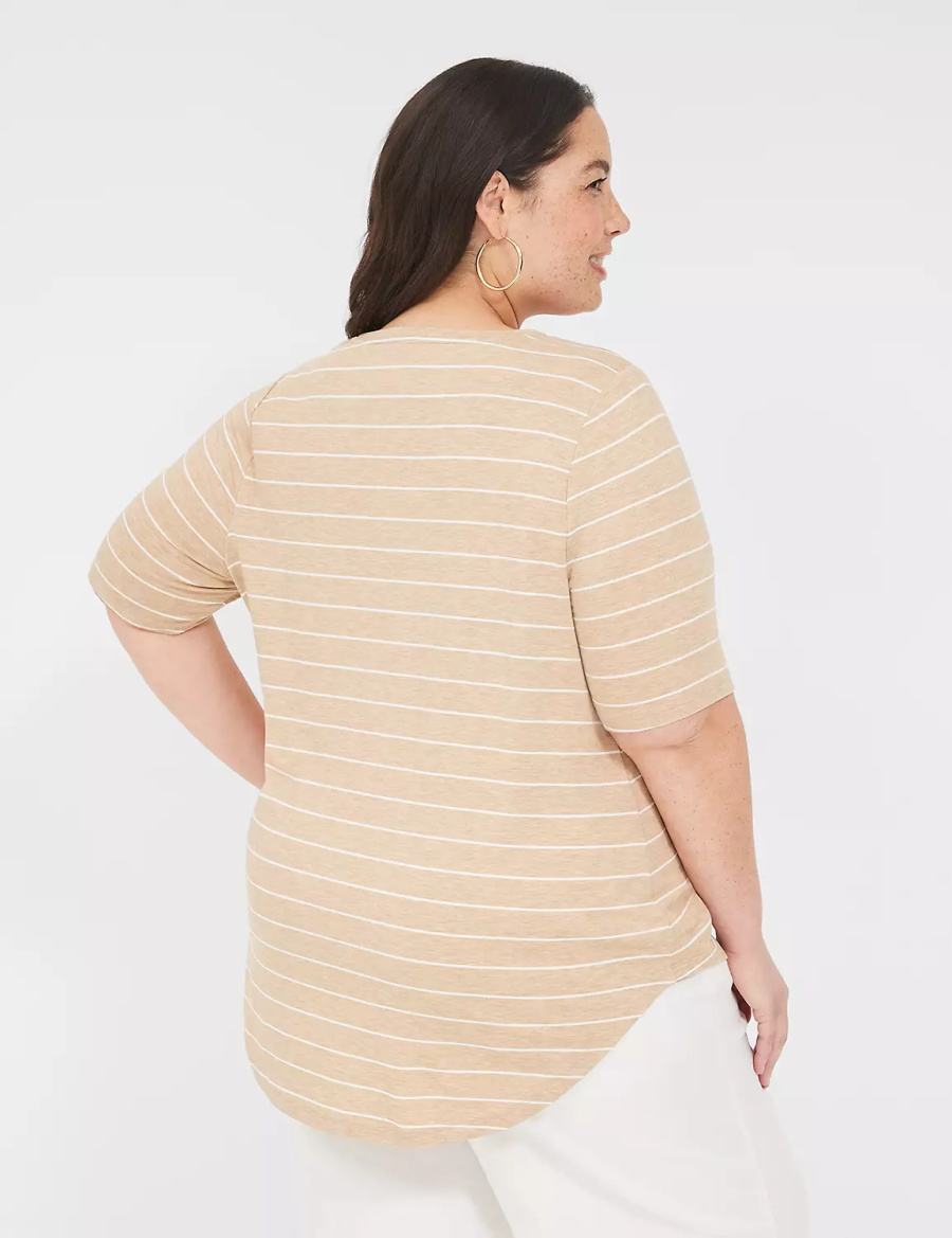 Brown Stripes Lane Bryant Lurex Perfect Sleeve Crew-Neck Tee Women T Shirts | GLF912SP