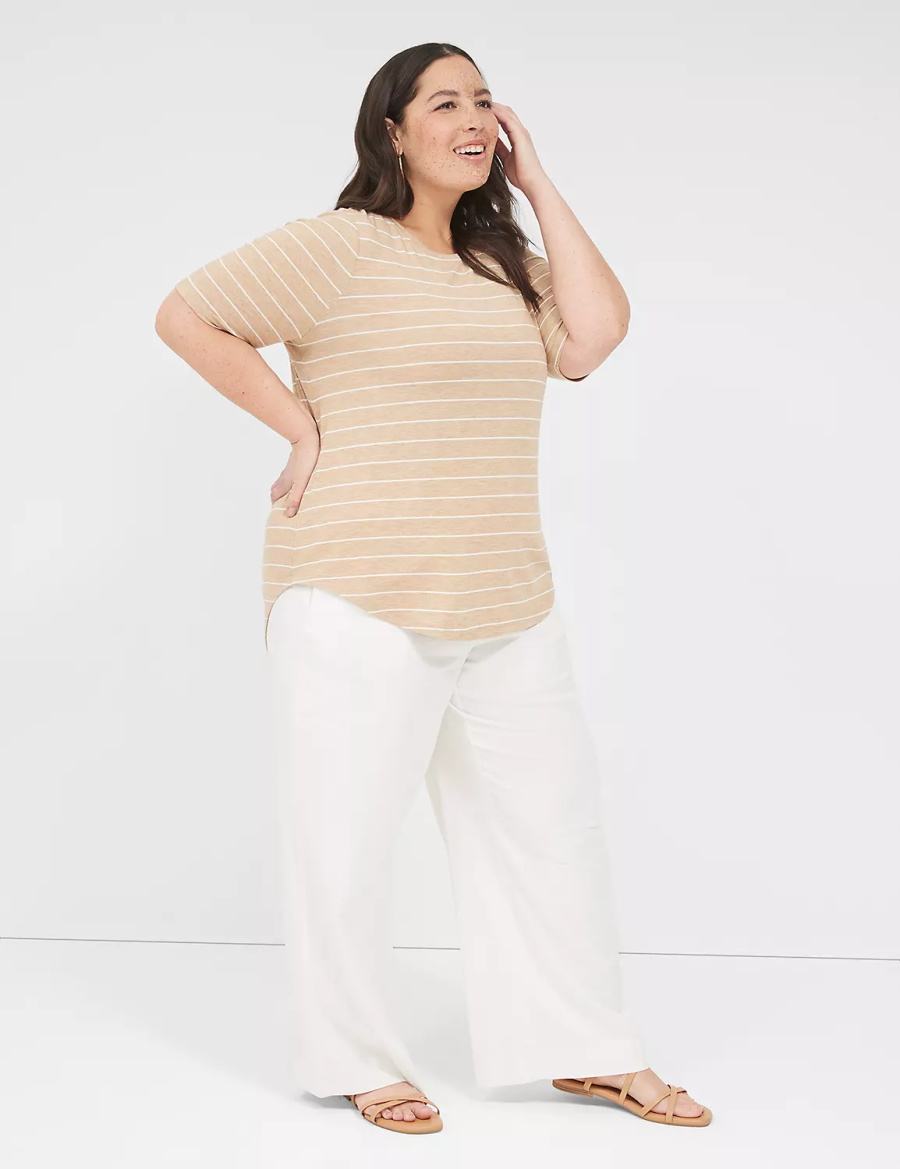 Brown Stripes Lane Bryant Lurex Perfect Sleeve Crew-Neck Tee Women T Shirts | GLF912SP