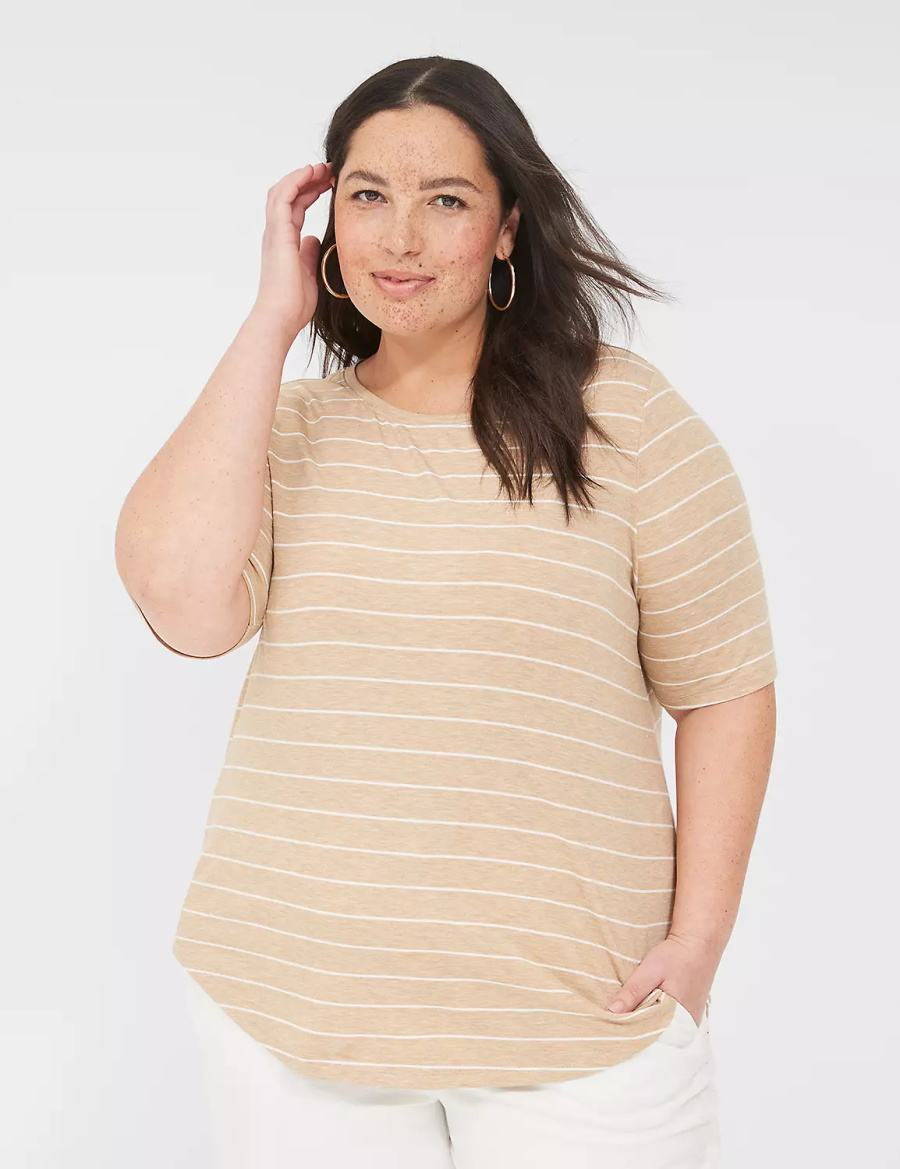 Brown Stripes Lane Bryant Lurex Perfect Sleeve Crew-Neck Tee Women T Shirts | GLF912SP