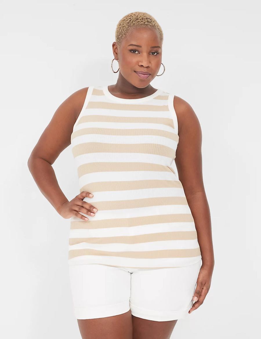 Brown White Lane Bryant Fitted High-Neck Ribbed Women Tank Top | JAZ6351CS