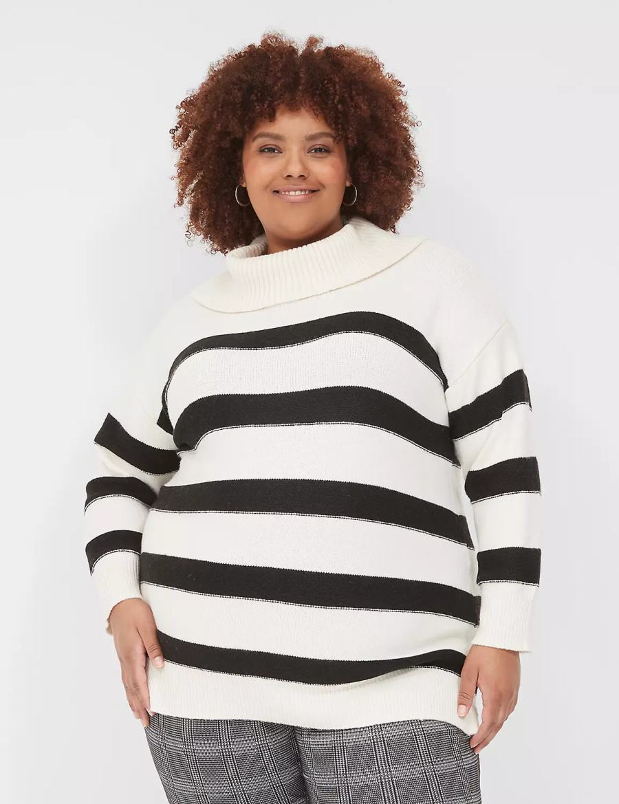 Cream Black Lane Bryant Cowlneck Stripe Tunic Women Sweaters | IYU9370FU