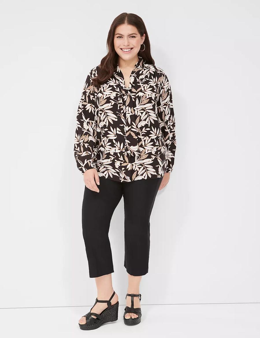 Cream Brown Black Lane Bryant Tie-Neck Popover Women Blouse | WLR2115MM