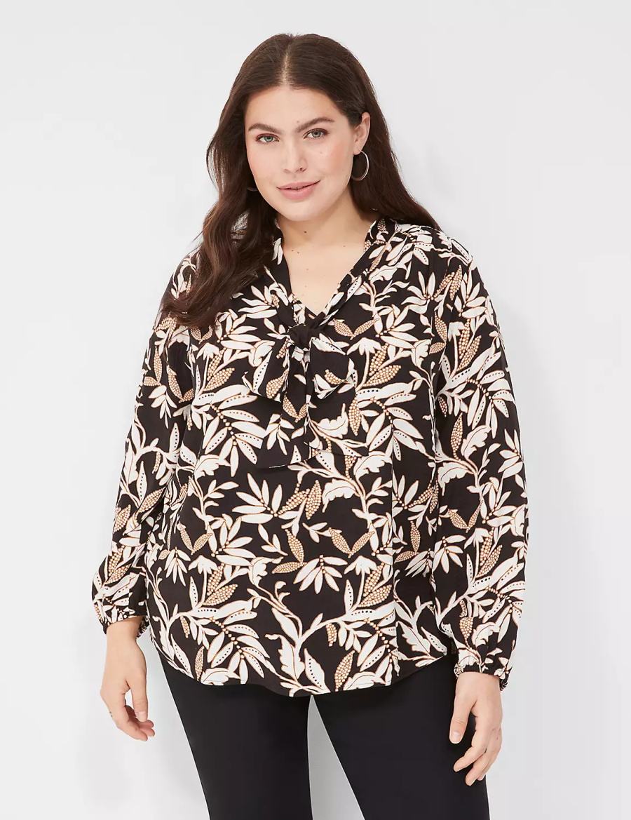 Cream Brown Black Lane Bryant Tie-Neck Popover Women Blouse | WLR2115MM