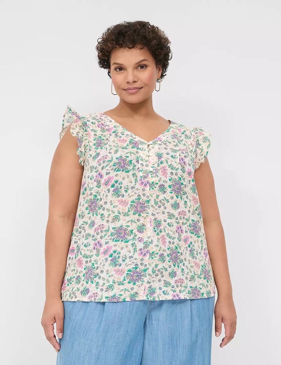 Cream Green Lane Bryant Cap-Sleeve Woven & Knit Top Women T Shirts | PHA6291MP