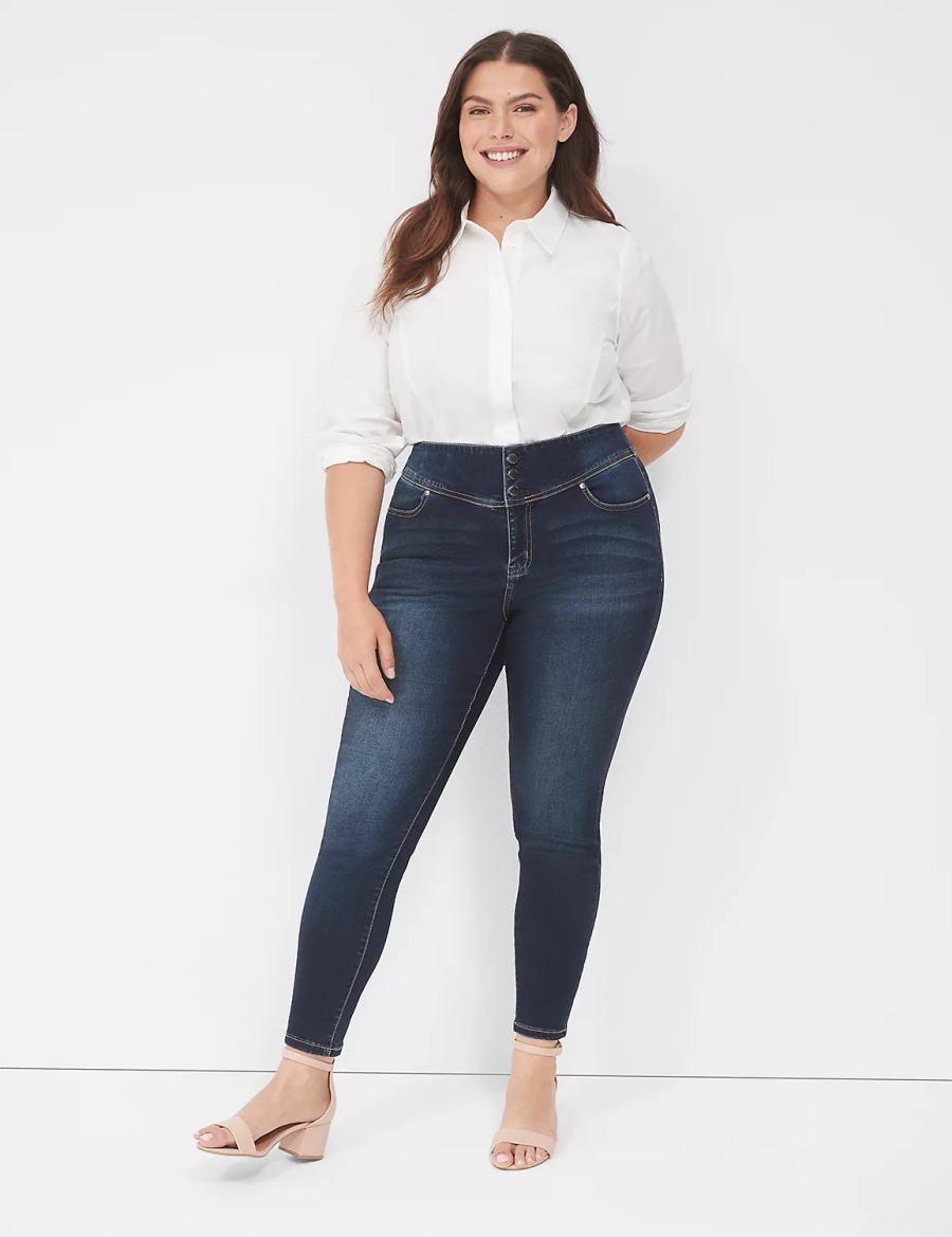 Dark Blue Lane Bryant High-Rise Sateen 3-Button Women Jeggings | YJD8326PU