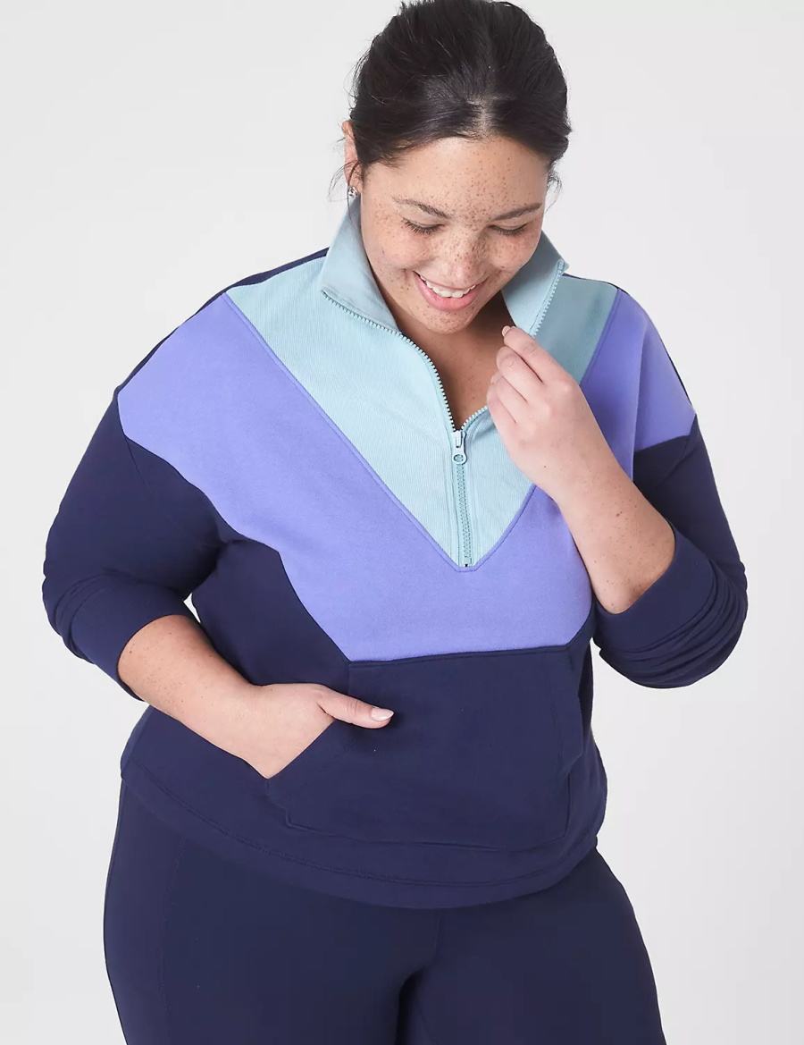 Dark Blue Lane Bryant LIVI Crop Zip-Neck Seamed Women Sweatshirts | ICN499DZ