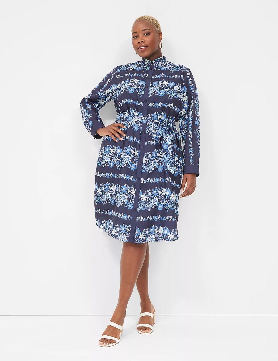 Dark Blue Lane Bryant Long-Sleeveed Midi Women Shirt Dress | ANX2396SR