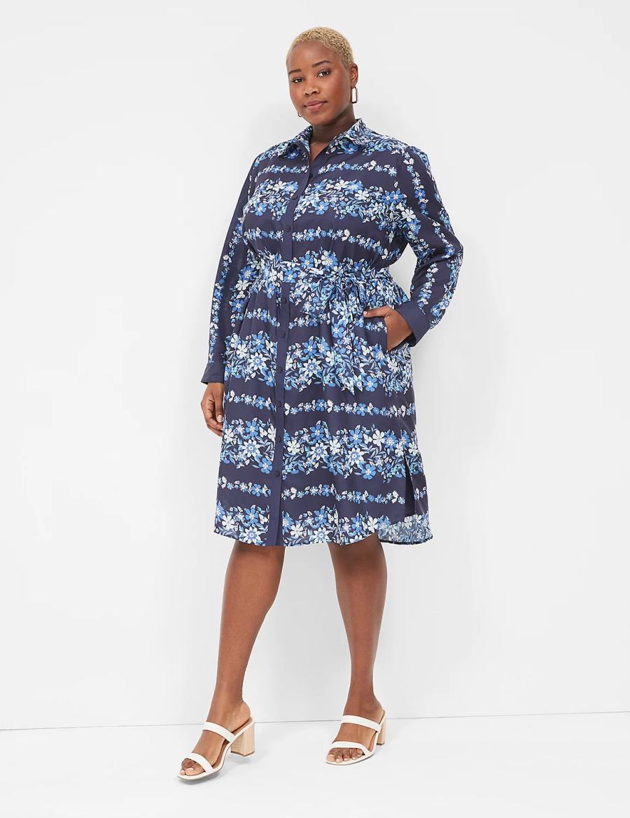 Dark Blue Lane Bryant Long-Sleeveed Midi Women Shirt Dress | ANX2396SR