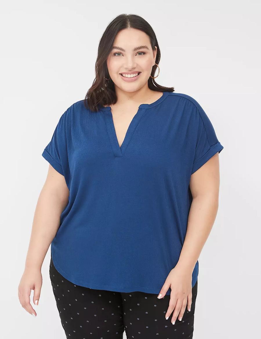 Dark Blue Lane Bryant Relaxed Gauze Notch-Neck Women Shirts | RNQ2558PB